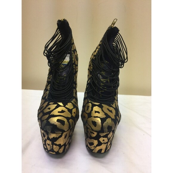 LONDON TRASH Gold/black leopard print leather platform pumps women shoes SZ 6.5 - Picture 2 of 12